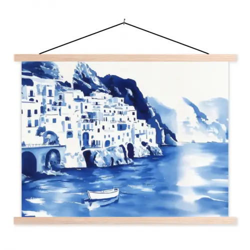 Dorp - Rotswand - Roeiboot - Water textielposter latten blank klein -3d