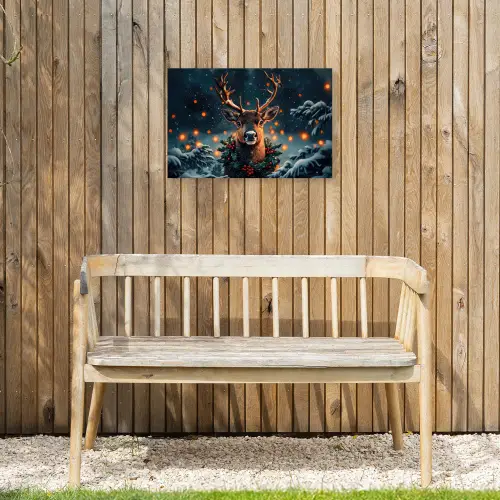 Hert - Kerst - Winter - Sneeuw - Kerstkrans Tuinposter op houten frame 2 cm dik klein -sfeer4