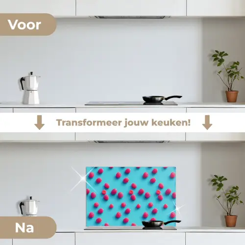 Blauw - Frambozen - Roze keuken achterwand spatscherm klein 900 -voor_na_NL
