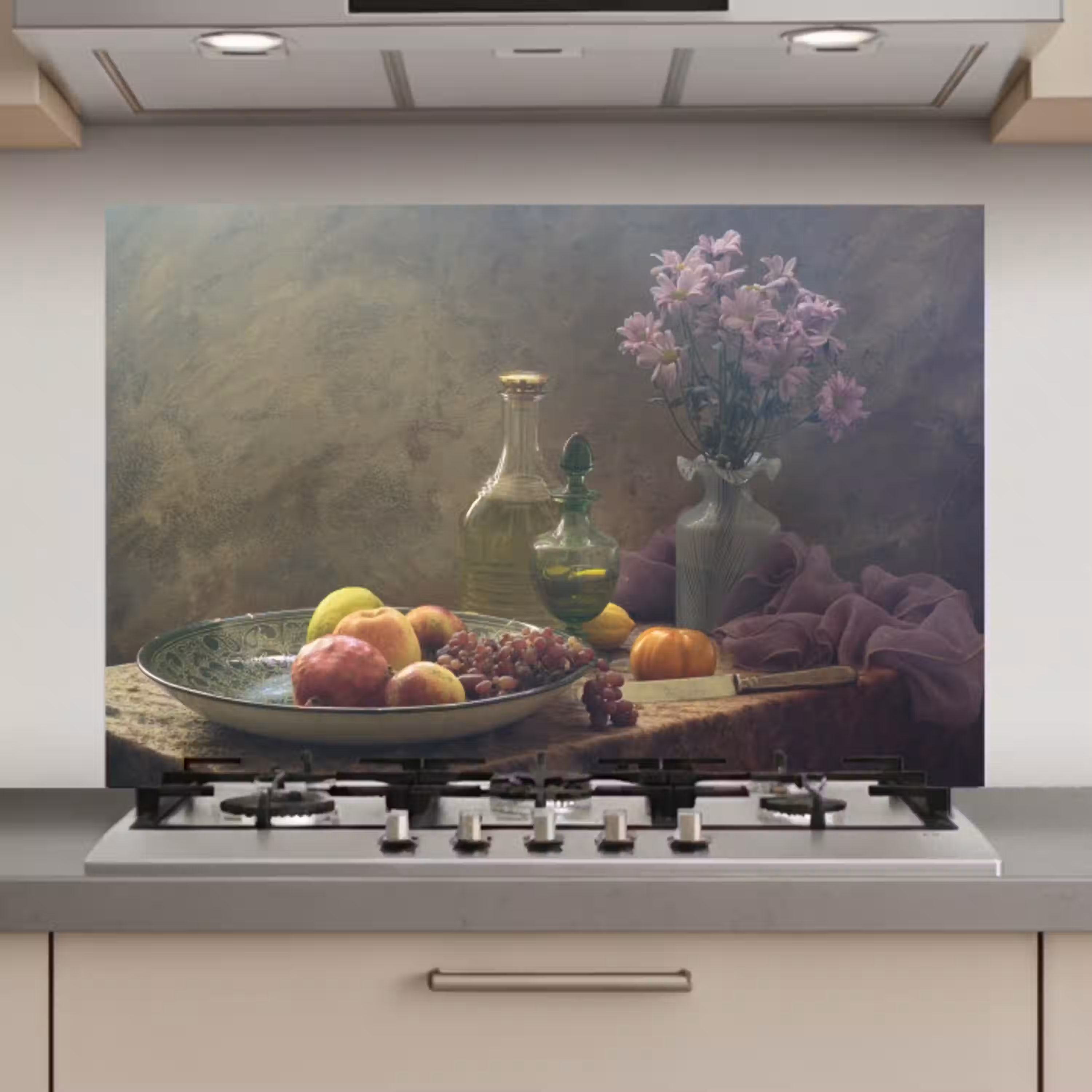 Stilleven - Artistiek - Schilderij - Bloemen - Paars - Fruit - Lichtval keuken achterwand spatscherm klein -3d_website