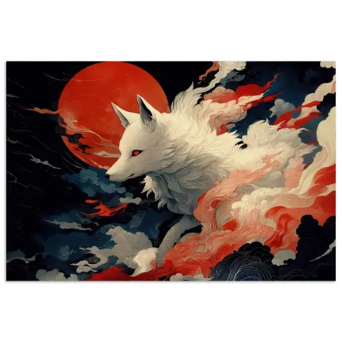 Witte vos - wolken - maan poster papier klein -3d