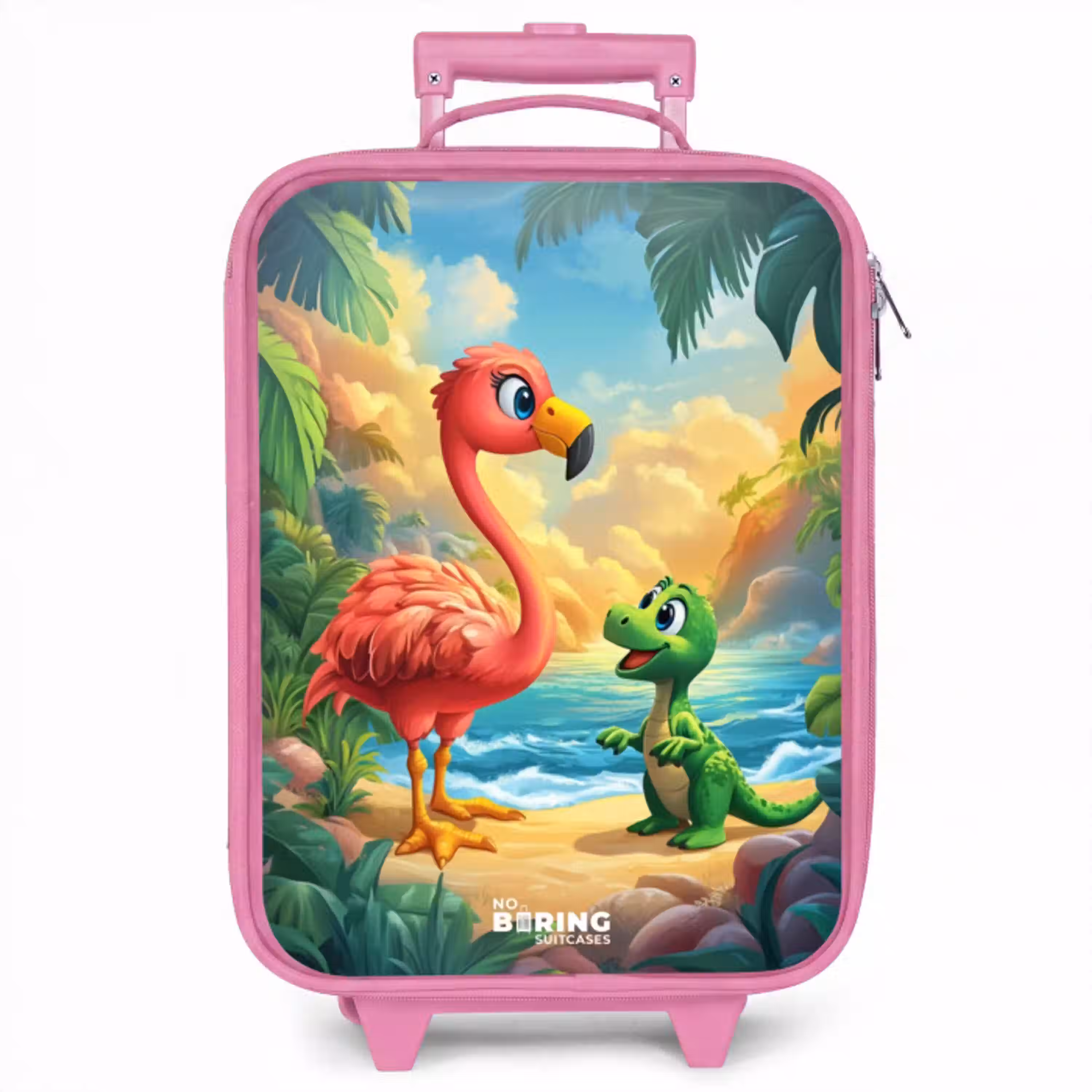 Flamingo en dinosaurus op strand bij ondergaande zon Kinderkoffer - Roze klein -zzz_website3d