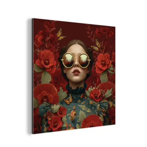 Bloemen - Dieprood - Zonnebril - Vrouw aluminium wit klein -3d