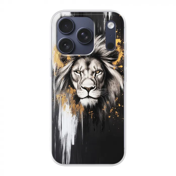 Leeuw - Portret - Verfspatten - Grijs Telefoonhoesje iPhone 17 Pro klein -3d