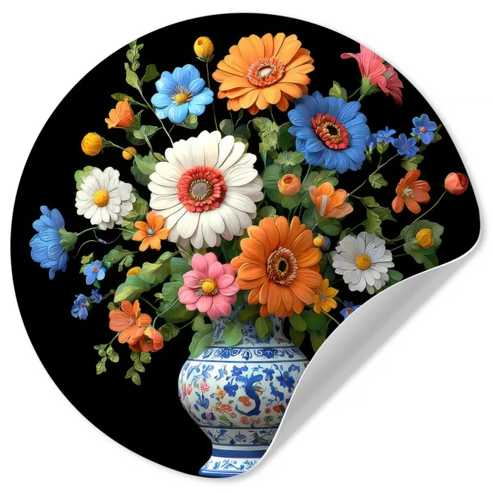 Vaas - Boeket - Bloemen - Kleur Wandcirkel behangsticker klein -3d