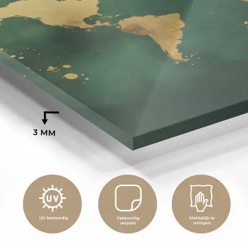 Wereldkaart - Groen - Goud plexiglas 5mm klein -sfeer2