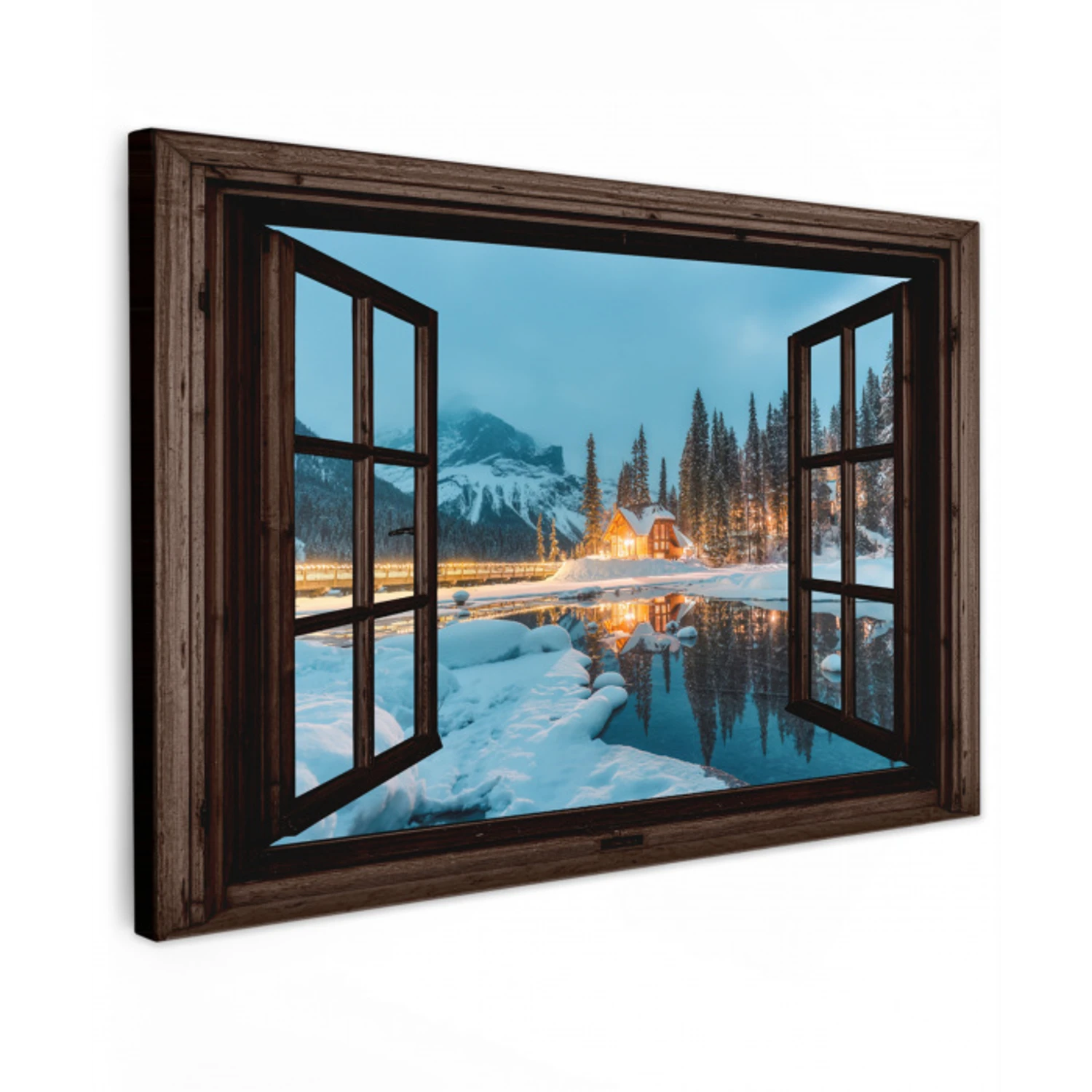 Doorkijk - Winter - Landschap - Natuur - Huis - Bergen Tuinposter op houten frame 2 cm dik klein -3d