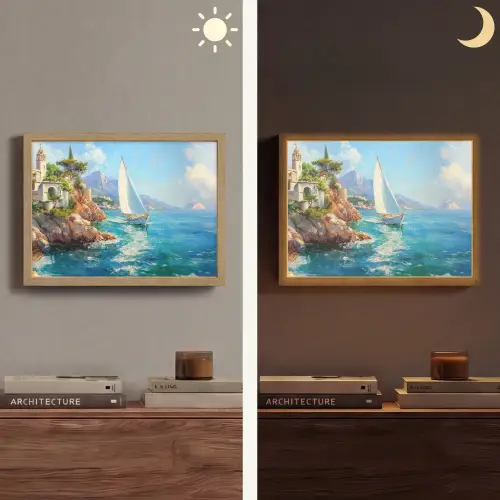 Zeilboot - Rotsen - Kust - Huizen Light Box met batterij (Wandlamp) middel -sfeer3