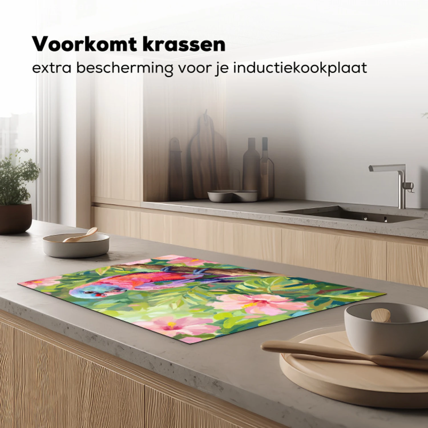 Papagaai - Hibiscusbloemen - Kleurrijk Inductie beschermer vinyl 3mm klein -sfeer1