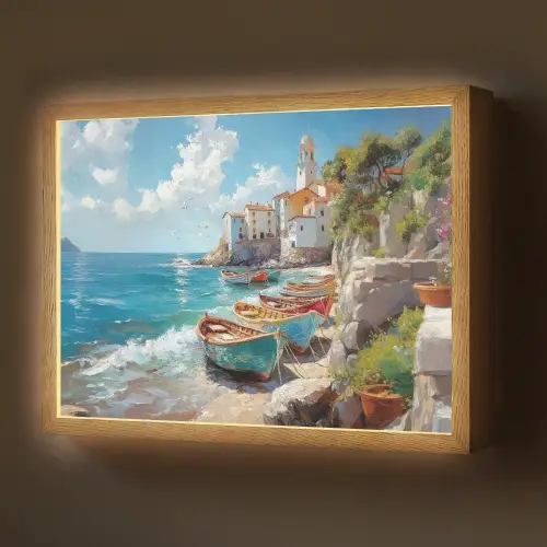 Boten - Rotsen - Zee - Zon Light Box met batterij (Wandlamp) middel -z3d_website