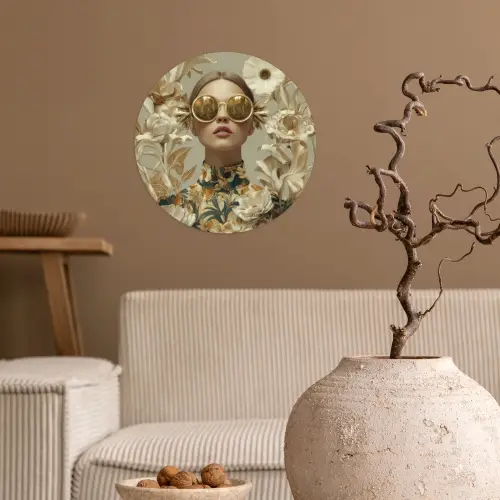 Vrouw - Bloemen - Zonnebril - Wit Wandcirkel behangsticker klein -sfeer1
