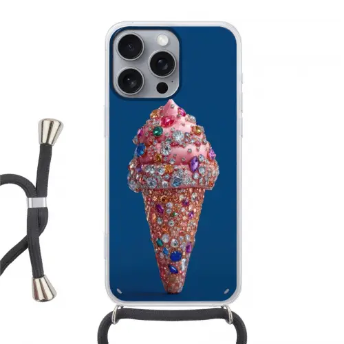 Ijsje - Hoorntje - Steentjes - Blauw Hoesje iPhone 16 Pro Max met koord klein -3d
