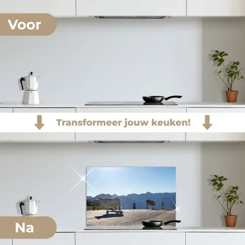 Schotse hooglander - Licht - Berg - Natuur keuken achterwand spatscherm klein -voor_na_NL