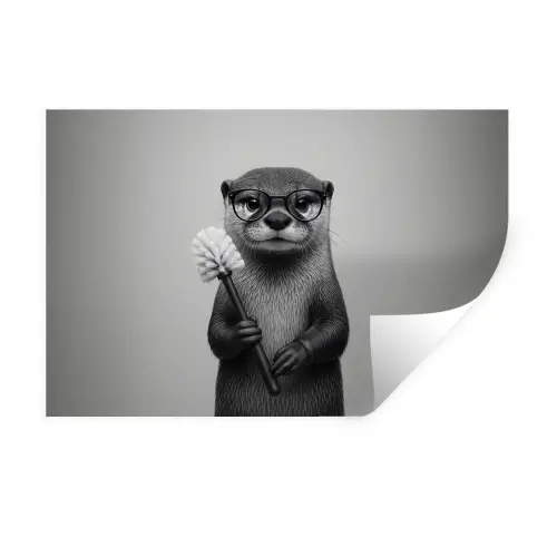 Otter - Wc-borstel - Bril - Zwart - Wit Muursticker klein -3d