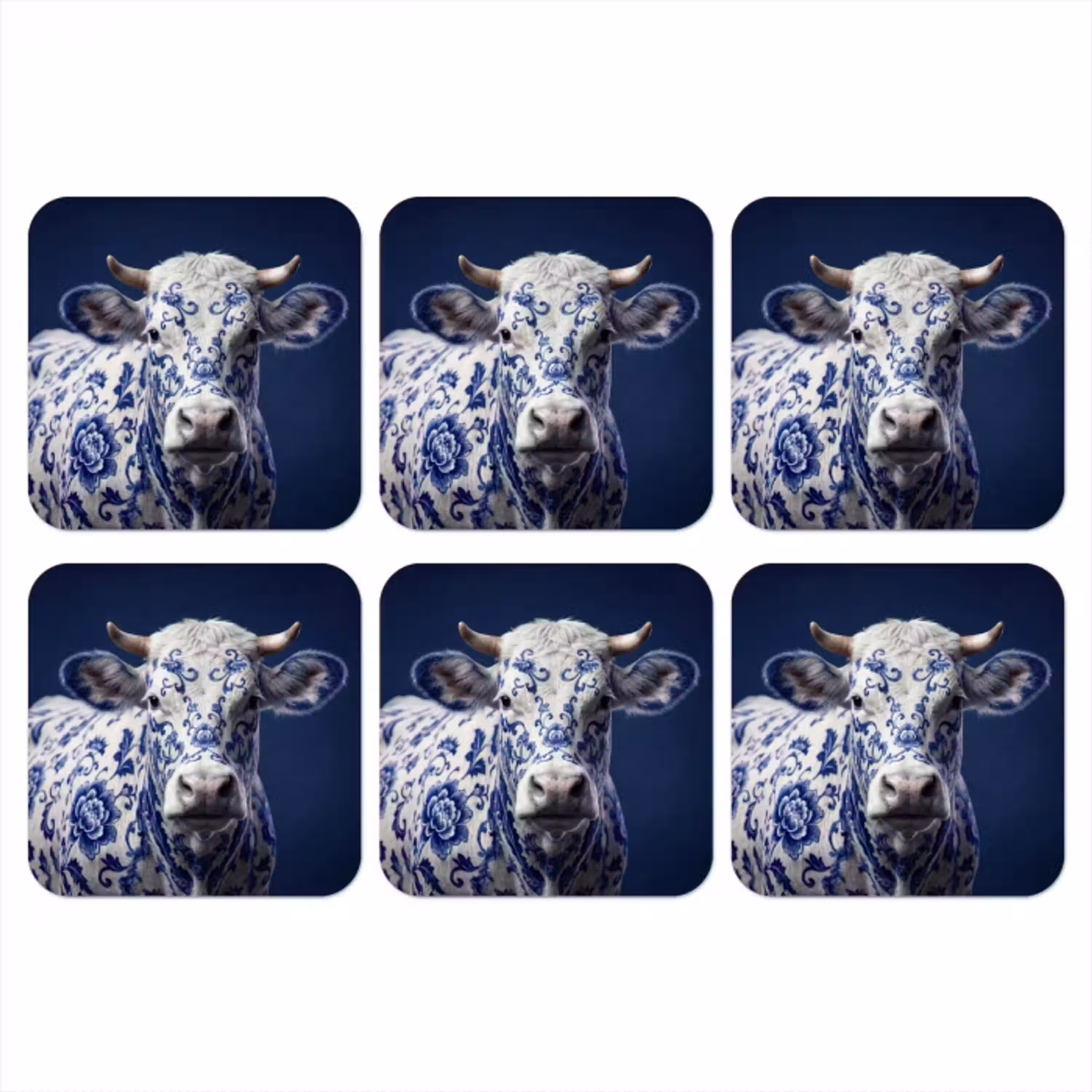 Koe - Delfts - Blauw - Artistiek onderzetter kurk middel -3d