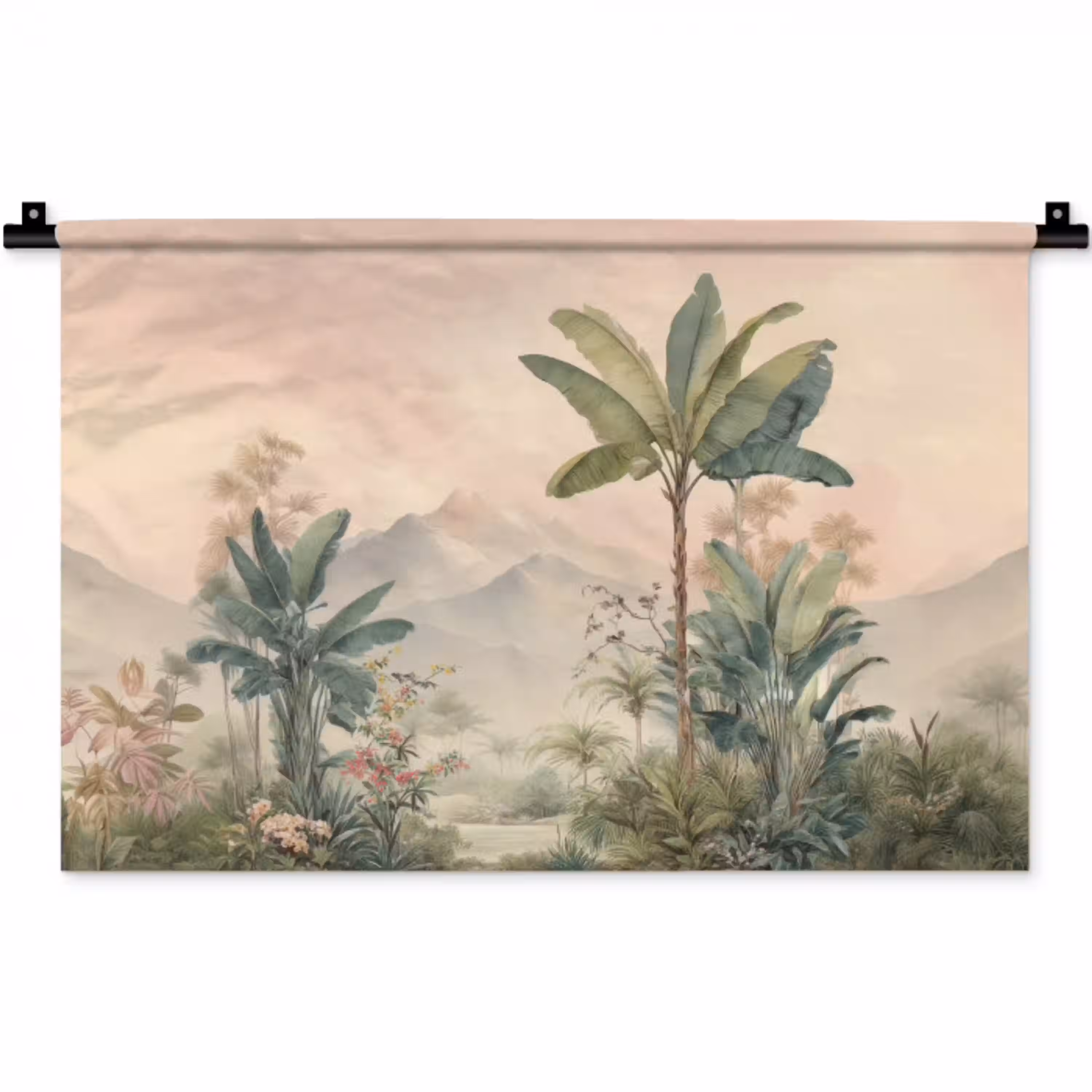 Tropisch landschap - palmbomen - Bloemen - Roze lucht Wandkleed katoen klein -zz3d