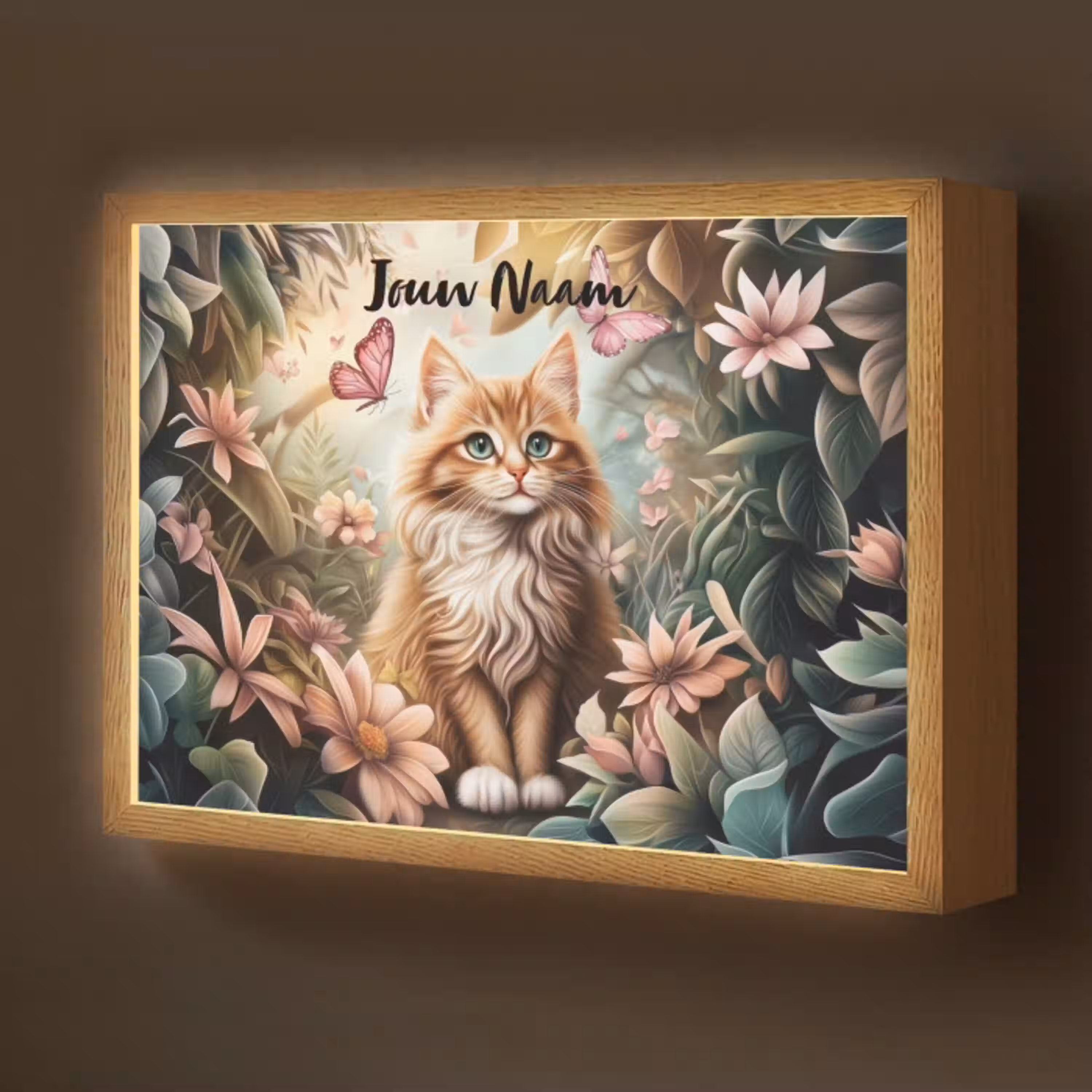 Kat - Bloemen - Vlinders - Roze Light Box met batterij (Wandlamp kind) middel -z3d_website