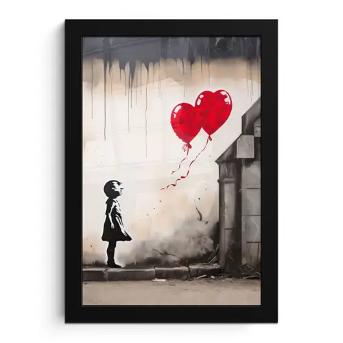 Kunst - Meisje - Ballonnen - Hart - Grijs fotolijst zwart zonder passe partout klein -3d
