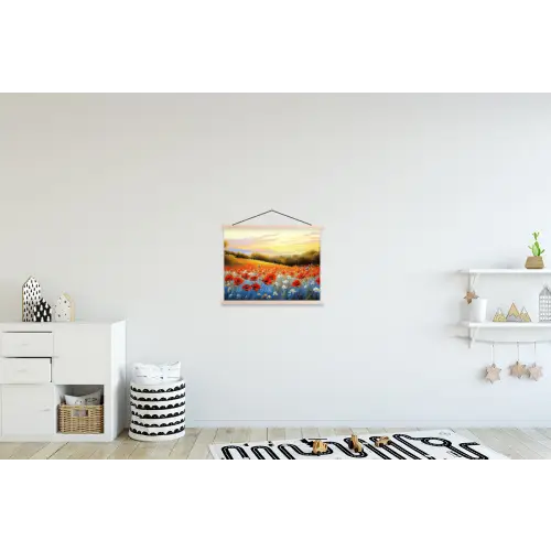 Klaproos - Bloemenveld - Kleurrijk textielposter latten blank klein -kinderkamer