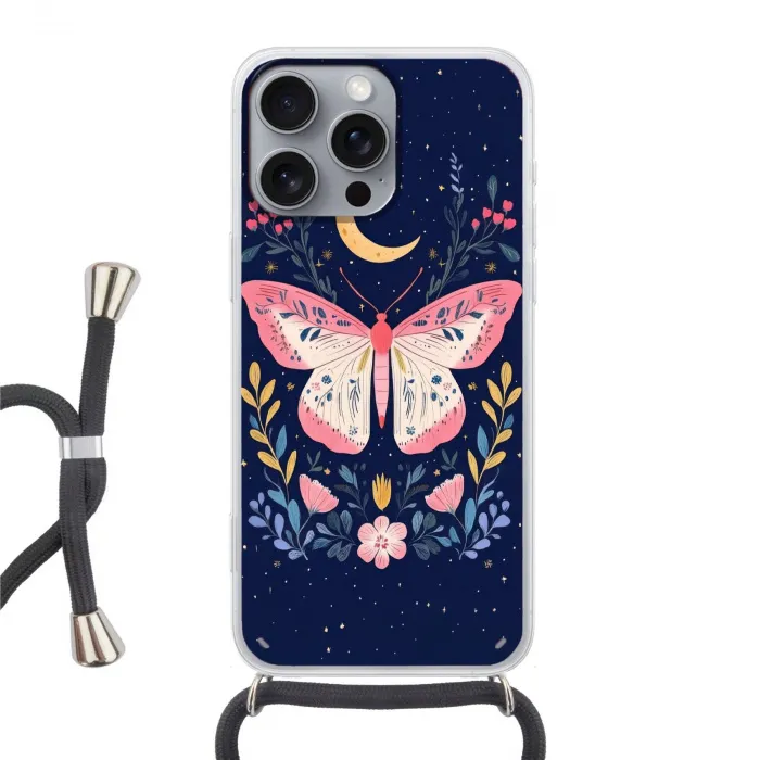 Vlinder - Maan - Bloemen - Sterrenhemel Hoesje iPhone 16 Pro Max met koord klein -3d