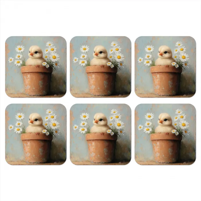Bloempot - Kuiken - Bloemetjes onderzetter kurk middel -3d