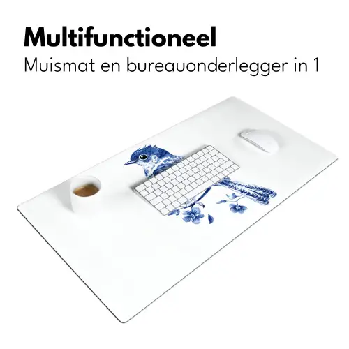 Vogel - Delfts blauw - Illustratie - Bloemen Muismat XXL klein -sfeer4