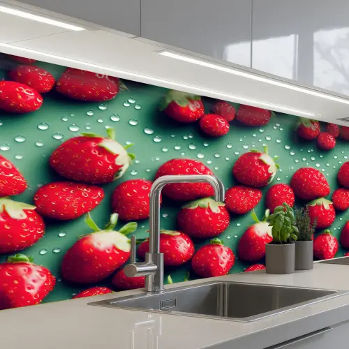 Aardbeien - Rood - Groen - Kroontjes keuken achterwand 2 middel 871 -3d_schuin