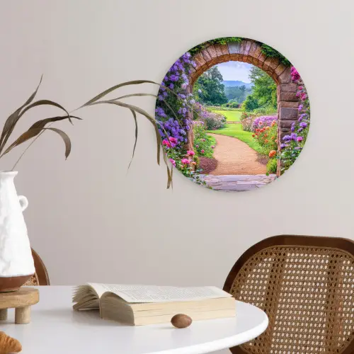 Doorkijk - Poort - Bloemen - Tuin Wandcirkel kunststof plaat 5mm dik klein -sfeer4