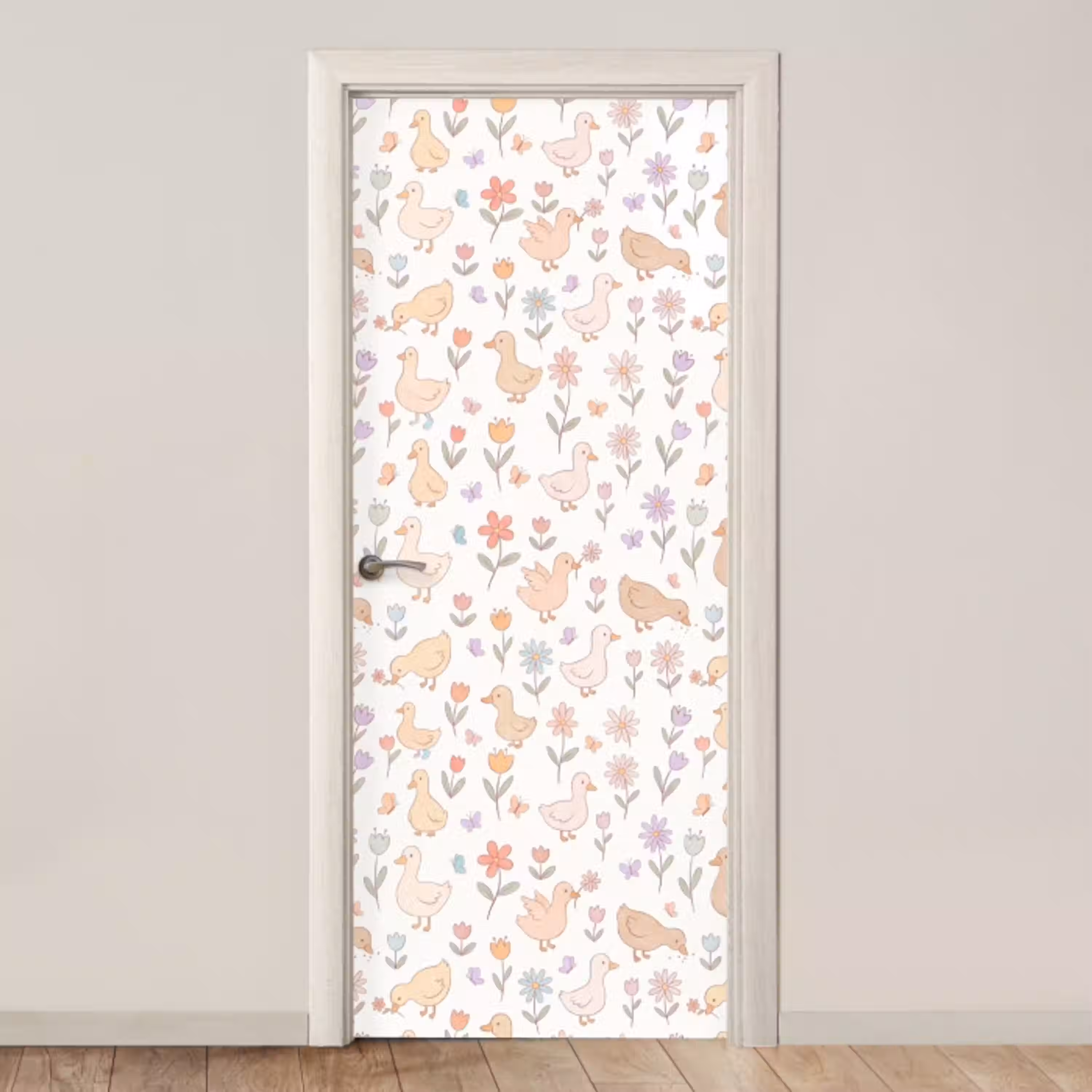 Vogel - Bloemen - Patroon - Pastel - Dieren deurposter klein -3d_beige