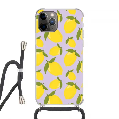 Citroenen patroon - Geel - Paars - Patroon - Vruchten Hoesje iPhone 12 Pro met koord klein -3d