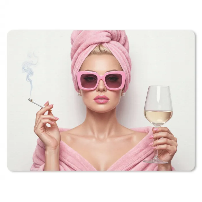 Vrouw - Roze - Wijn - Zonnebril muismat rubber klein -3d