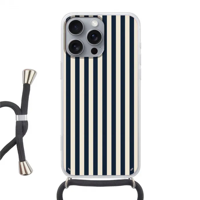 Verticale strepen - Blauw - Crème Hoesje iPhone 16 Pro Max met koord klein 804 -3d