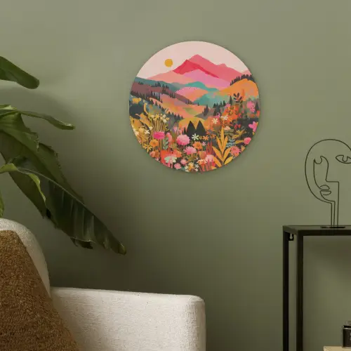 Zonsondergang - Bergvallei - Contrast Akoestische PET Vilt - Rond klein -sfeer2