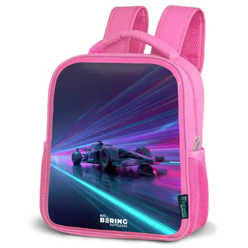 Neon - Raceauto - Lichtstrepen - Paars Kinderrugzak - Roze middel -schuin