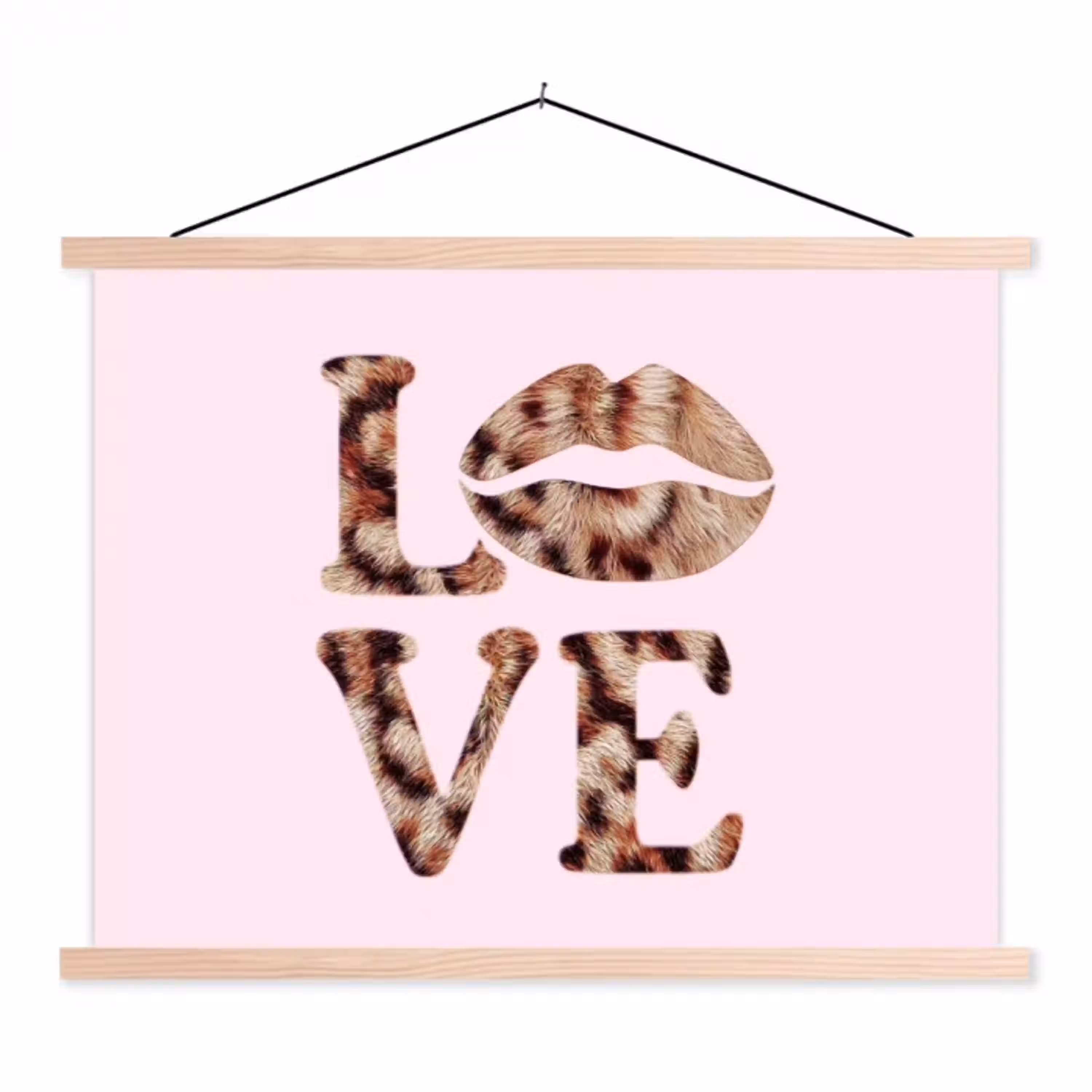 Tekst - Love - Pantervacht - Lichtroze textielposter latten blank klein -3d