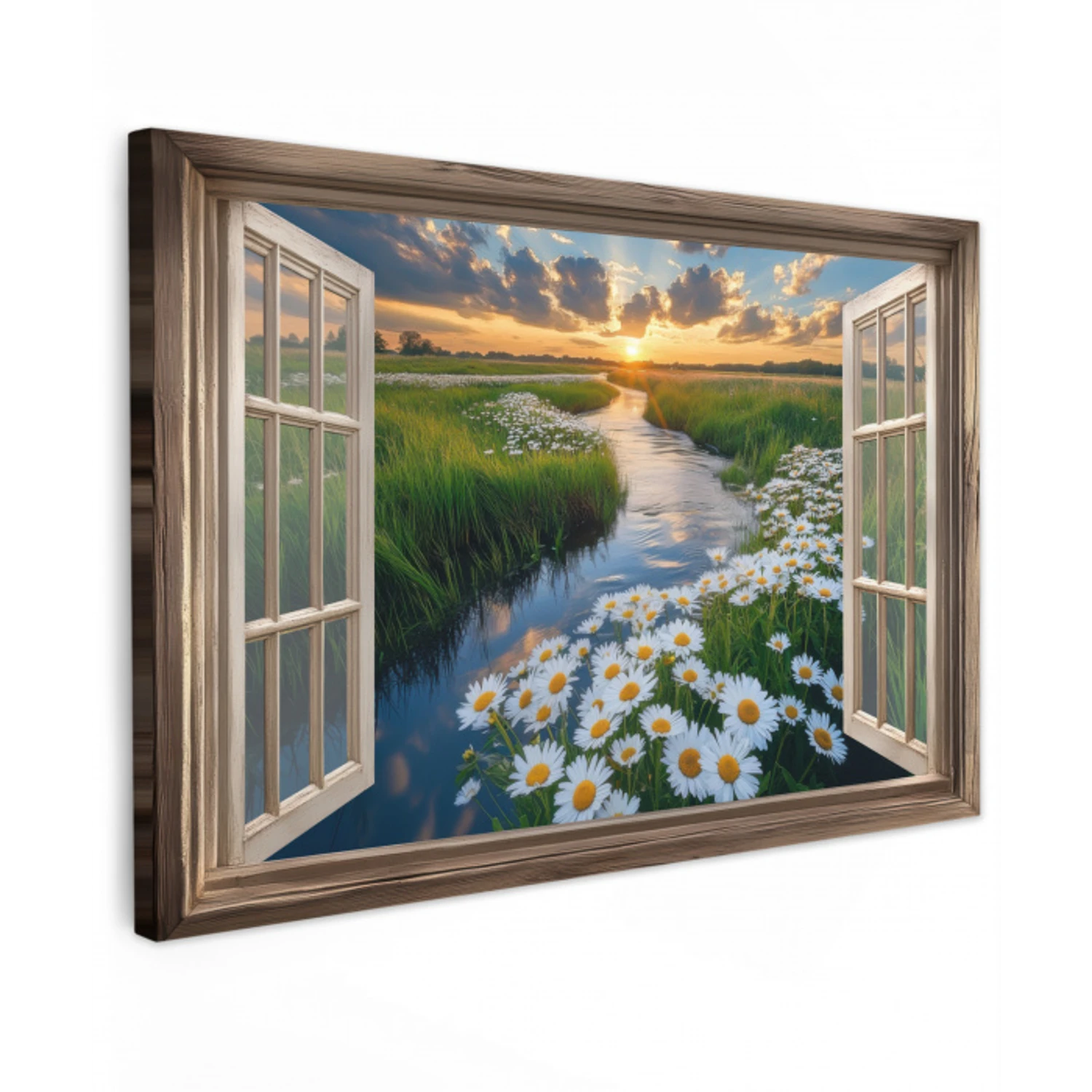 Doorkijk - Landschap - Raam - Water - Zonsondergang Tuinposter op houten frame 2 cm dik klein -3d