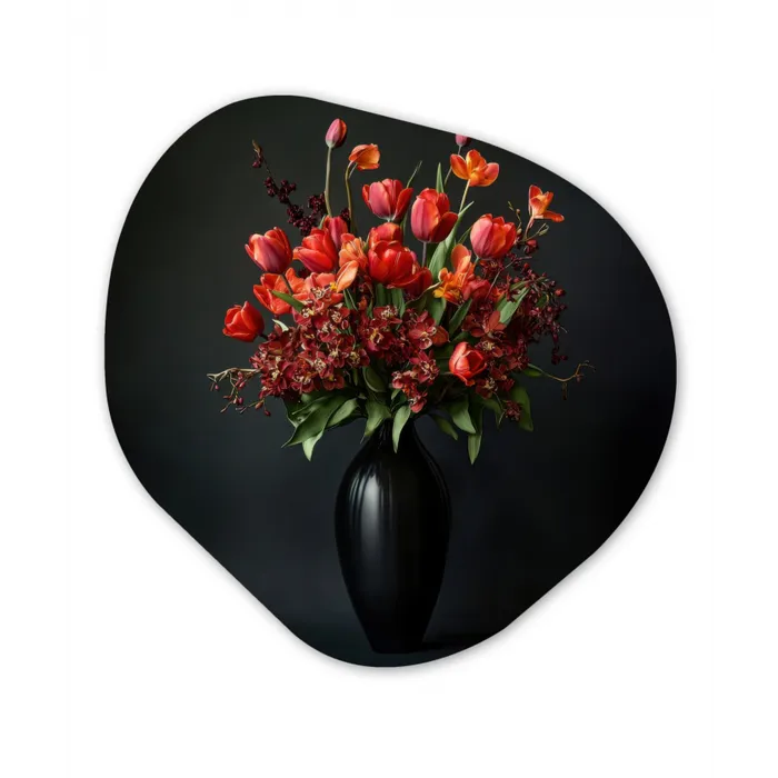 Boeket - Tulpen - Vaas - Rood Wandcirkel Organisch Aluminium middel -3d