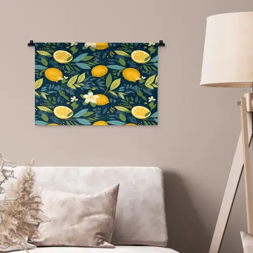 Bloemen - Bladeren - Citroenen - Blauw Wandkleed katoen klein 269 -sfeer4