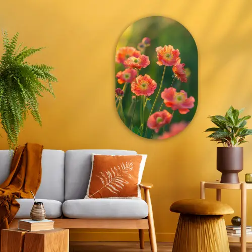 Bloemenveld - Zonnestralen - Oranje Wandcirkel Ovaal Glas middel -sfeer4