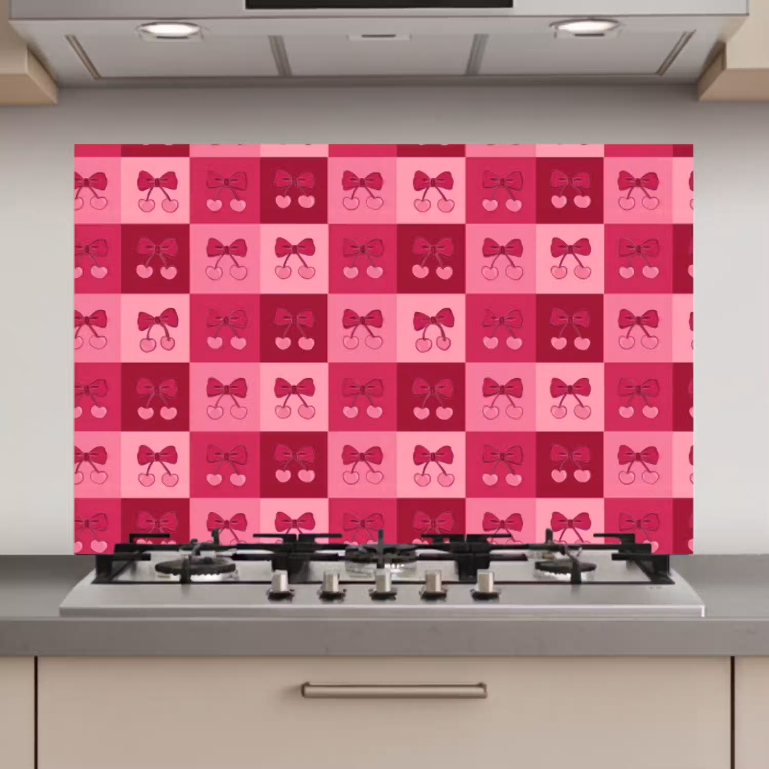 Kersen - Strikjes - Speels - Roze - Bordeaux keuken achterwand spatscherm klein 900 -3d_website