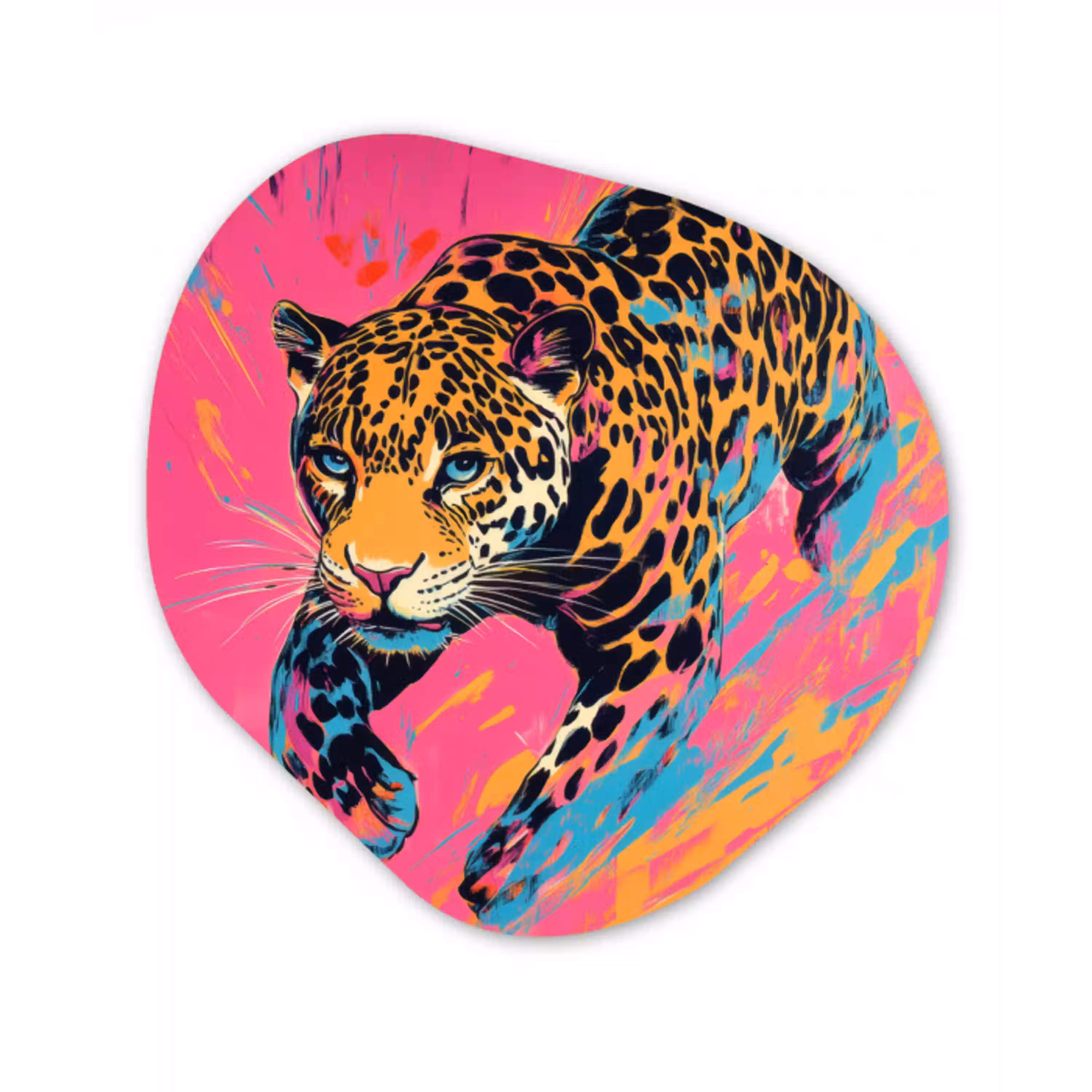Luipaard - Roze - Oranje - Blauw - Verf Wandcirkel Organisch Aluminium middel -3d