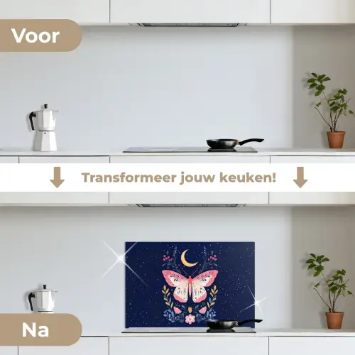Vlinder - Maan - Bloemen - Sterrenhemel keuken achterwand spatscherm klein -voor_na_NL