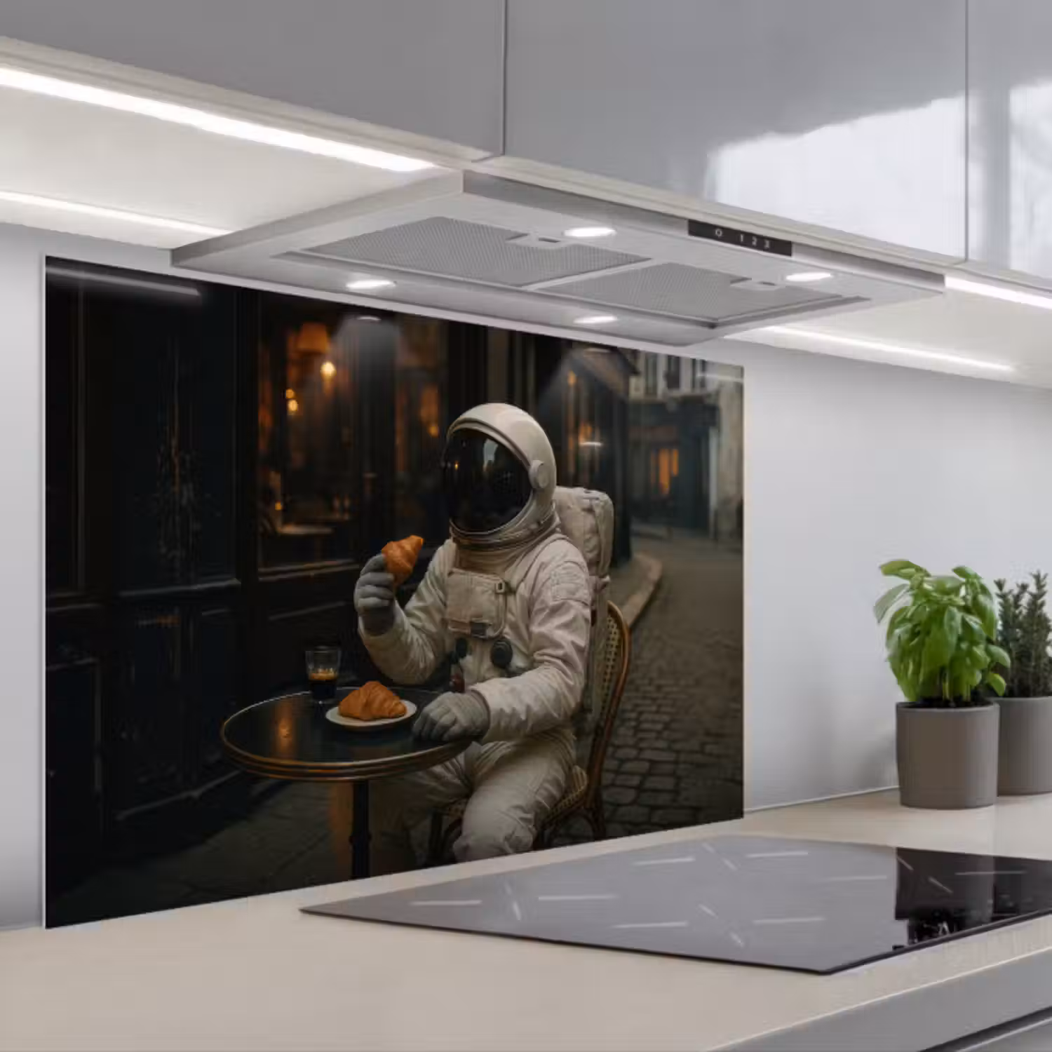 Spatscherm keuken - Café - Croissant - Koffie - Astronaut