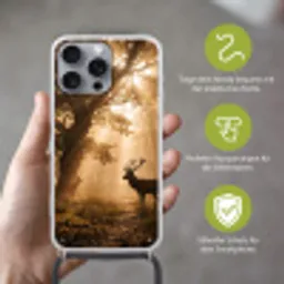 Hert - Bos - Mistig - Natuur - Goud Hoesje iPhone 16 Pro Max met koord klein -sfeer2_DE