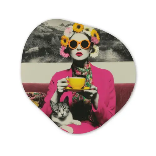 Vrouw - Kat - Bloemen - Kopje - Retro Wandcirkel Organisch Forex 3mm klein -3d