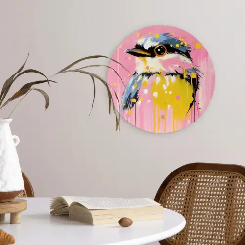 Vogel - Roze - Geel - Blauw Wandcirkel kunststof plaat 5mm dik klein -sfeer4