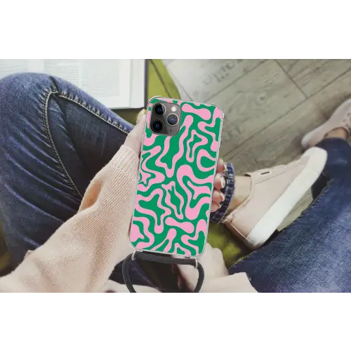 Abstract - Patroon - Groen - Roze - Kleurrijk Hoesje iPhone 12 Pro met koord klein -hand