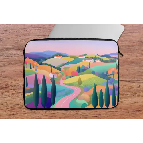 Landschap - Paars - Pastel - Huizen laptophoes neopreen klein -tafel