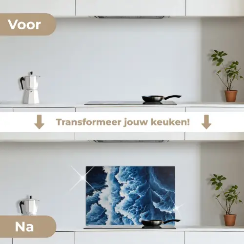 Golven - Blauw - Schuim keuken achterwand spatscherm klein -voor_na_NL