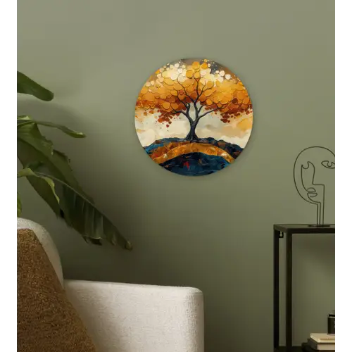Boom - Natuur - Goud - Modern Wandcirkel kunststof plaat 5mm dik klein -sfeer3